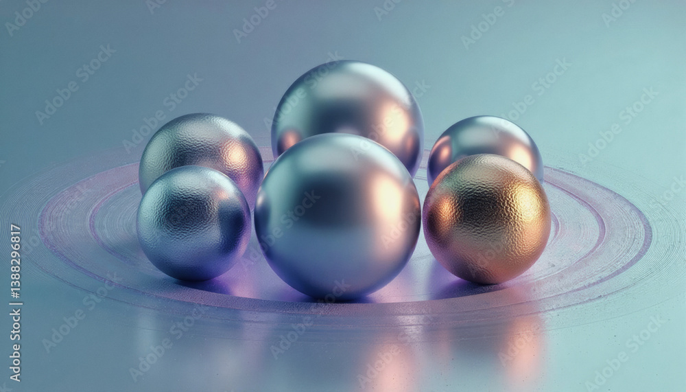 Poster trendy neo futurism 2025 ai design rendering: a cluster of metallic spheres in varying sizes sits on