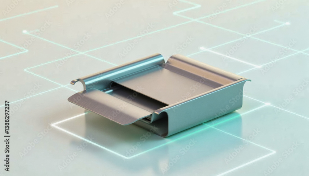 Poster trendy neo futurism 2025 ai design rendering: a metallic container with an open flap rests on a refl