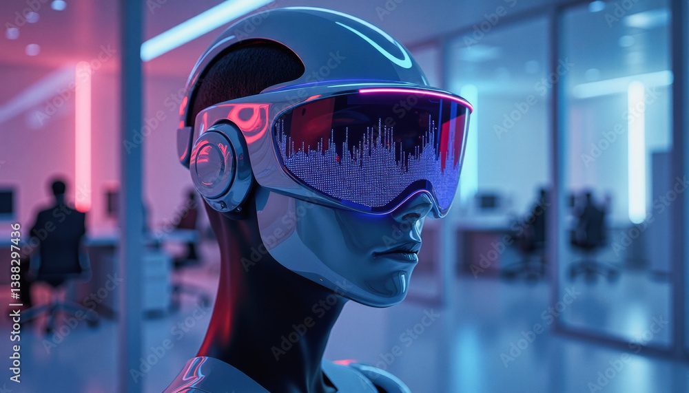 Poster trendy neo futurism 2025 ai design rendering: a futuristic robotic head wears a sleek visor displayi