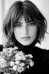 Naklejka premium Fashion model portrait in black and white indoor setting close-up view elegant aesthetic