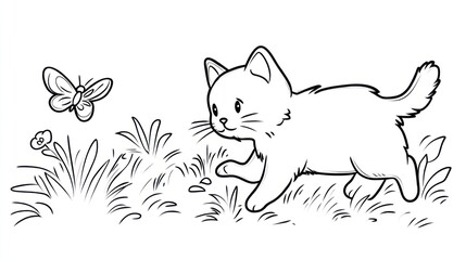 Obraz premium Cute kitten exploring a meadow with butterfly. Possible use Children's book illustration