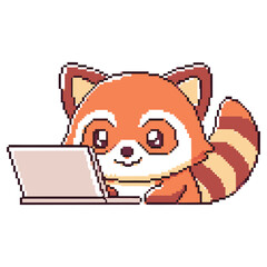 Pixel Art Red Panda with Laptop on Transparent Background Cute, Retro Style