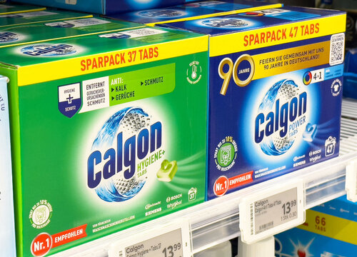 Calgon dishwasher tablets display in german supermarket aisle