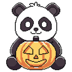 Pixel Panda Holds Pumpkin 8Bit Halloween Character Design on Transparent