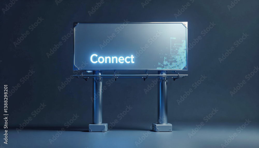 Poster trendy neo futurism 2025 ai design rendering: a futuristic billboard displays the word connect in gl
