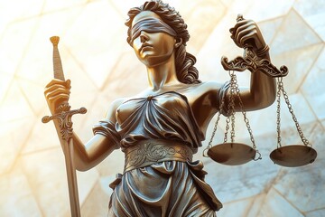 Obraz premium Statue of Lady Justice holding scales and sword in a classic setting during the golden hour