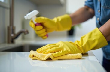 Close-up of a maid wearing gloves wiping down a countertop.