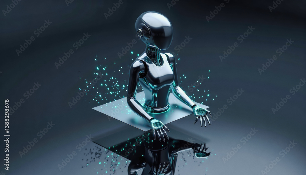 Poster trendy neo futurism 2025 ai design rendering: a sleek, futuristic humanoid robot with a metallic sil