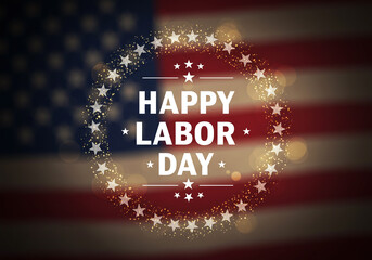 Celebrate Labor Day with bold white text against a waving flag. Circular stars, gold sparkles, and a dark red-blue background bring depth and energy to this digital tribute.