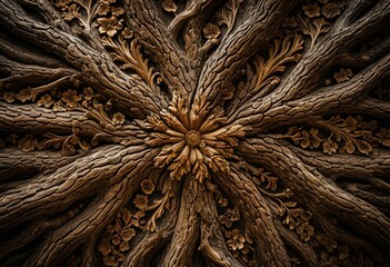 A close up of a wooden carving on a wall.