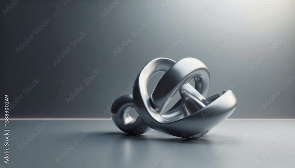 Poster trendy neo futurism 2025 ai design rendering: a gleaming, metallic sculpture resembling a complex kn