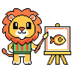 Pixel Lion Artist with Easel Painting Fish on Transparent Background, Cute, Cartoon