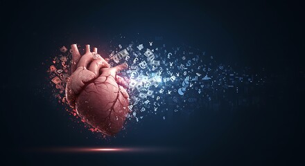 Obraz premium Digital Heart: Data Disintegration, Emotional Depth AI Generated