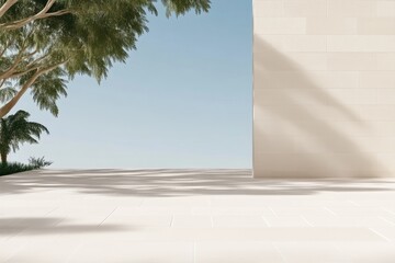 Outdoor patio, light beige tones, trees, shadows