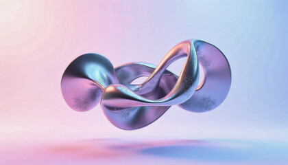 Trendy neo futurism 2025 ai design rendering: A metallic, iridescent knot sculpture floats against a softly lit, gradient background, evoking themes of infinity and interconnectedness.