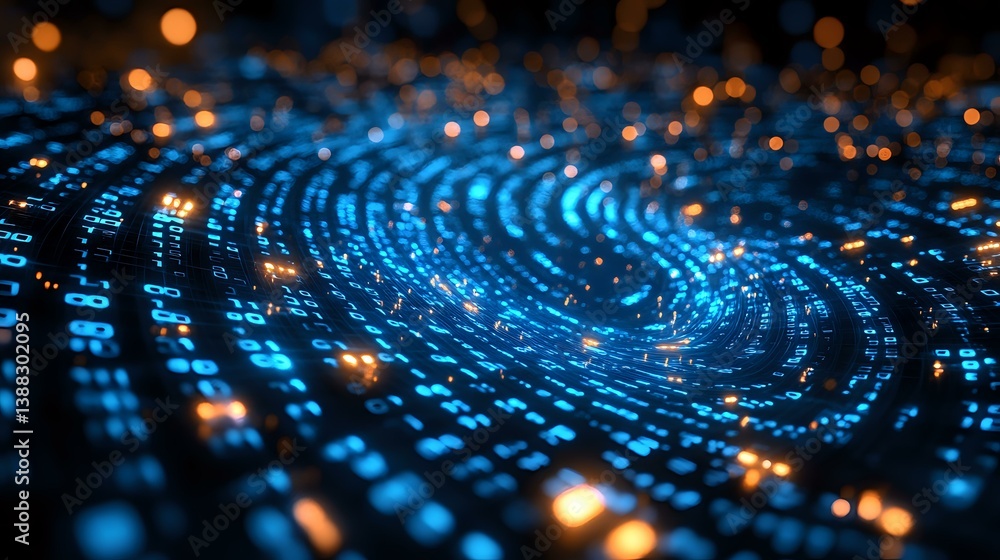 Poster glowing digital fingerprint pattern with binary code and orange light particles on dark background, 