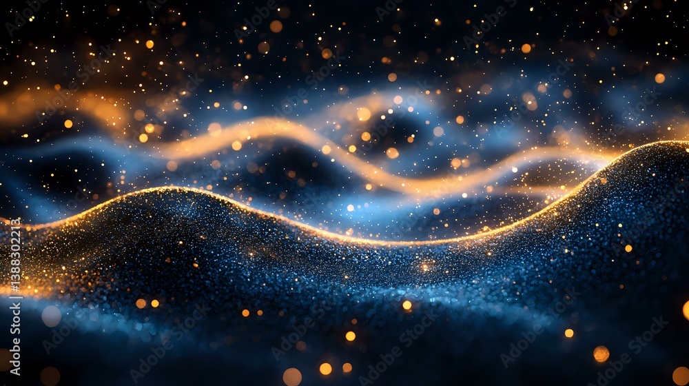 Poster magical cosmic waves with glowing golden particles flowing through dark blue space nebula, creating 