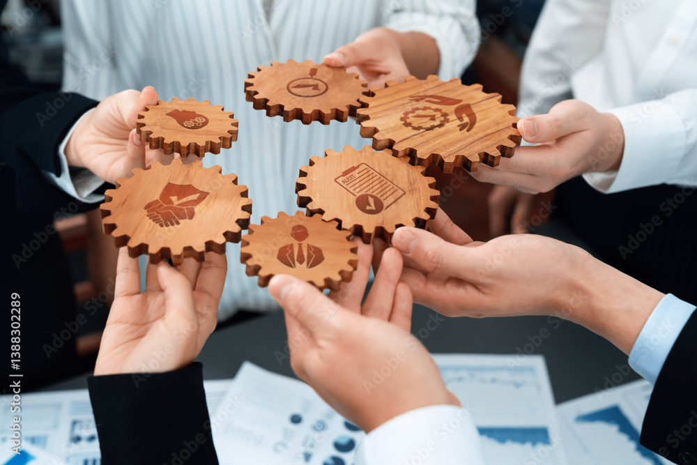 Poster a dynamic team collaborates using wooden gears with icons, symbolizing teamwork and innovation durin