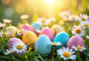 Fototapeta premium Colorful Easter eggs nestled among daisies in a sunlit garden
