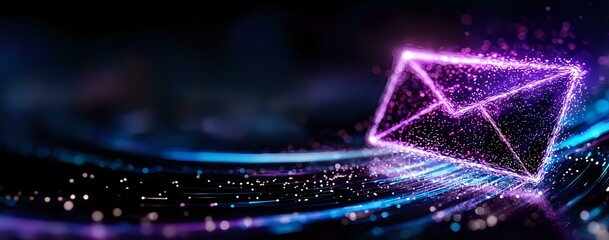 Glowing digital envelope symbol with purple and blue light trails floating in dark cyberspace, representing electronic mail communication and messaging technology.