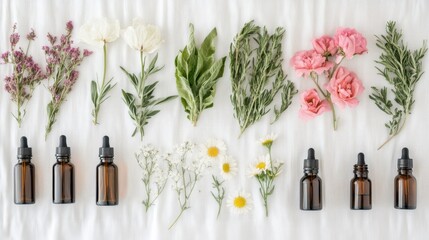 Top view of massage table with essential oils, herbal compress, and flower petals arranged neatly on white linen in peaceful spa setting