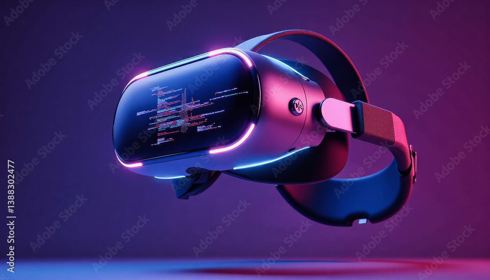 Poster trendy neo futurism 2025 ai design rendering: a futuristic vr headset glows with neon accents agains
