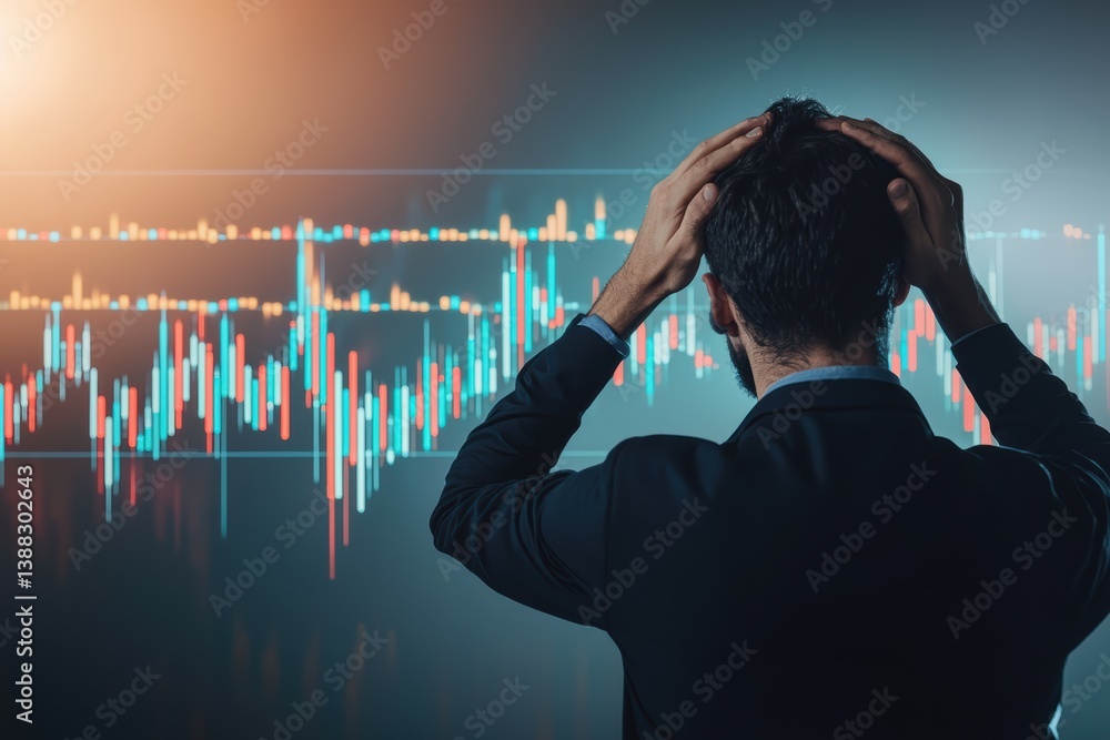 Poster man concerned about falling chart trends in financial analysis during evening hours
