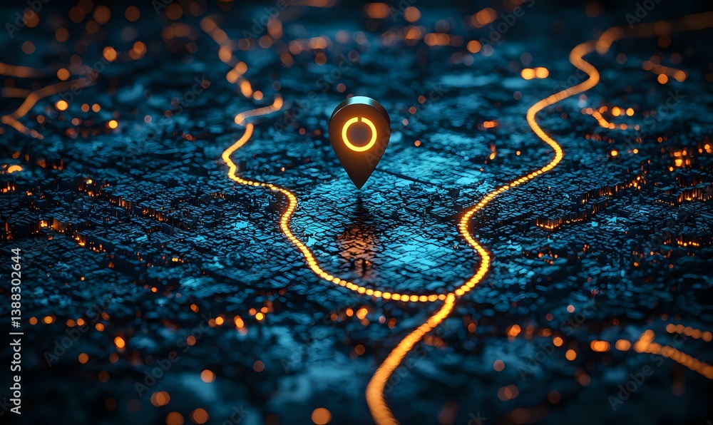 Poster glowing location pin marker on illuminated night city map with winding streets and scattered lights 