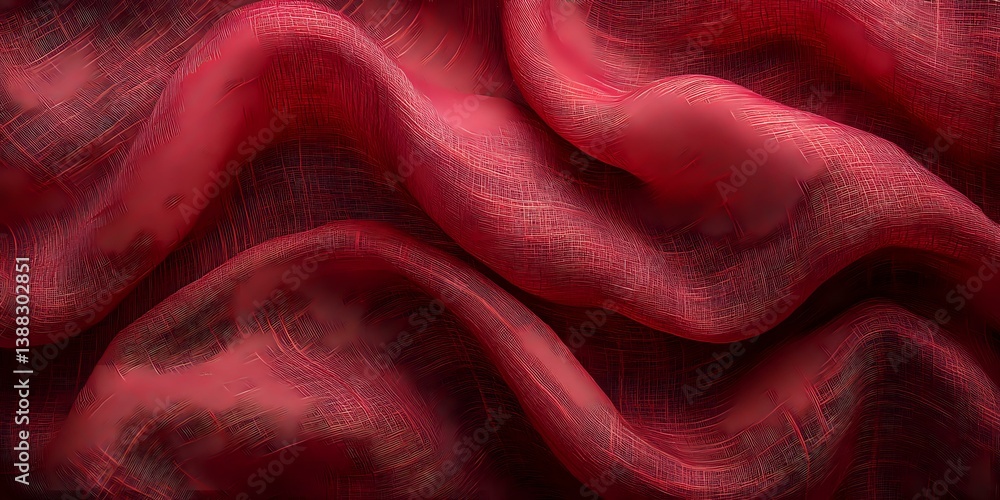 Poster abstract wavy red fabric texture with soft folds and ripples creating dynamic movement and depth, su