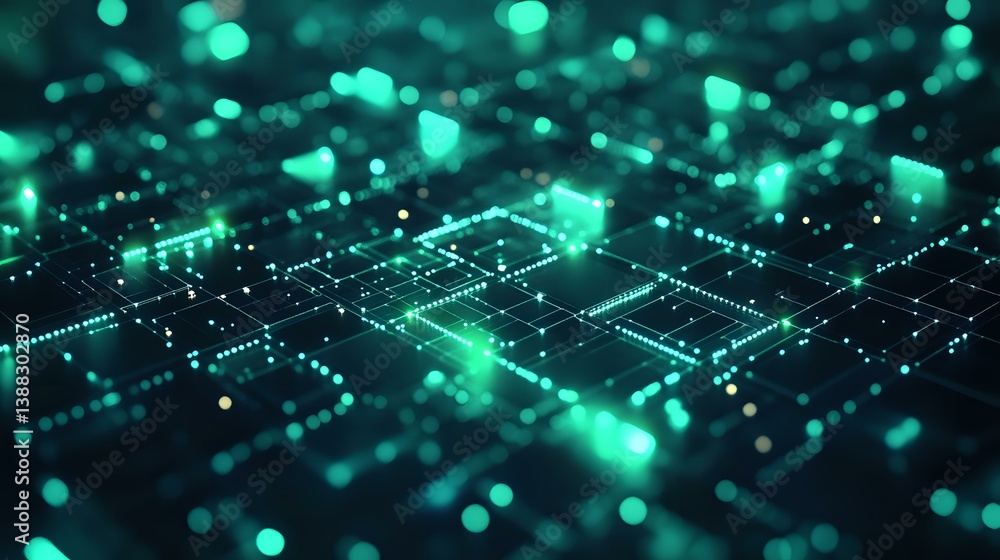 Poster glowing turquoise circuit board pattern with bokeh light effects creates futuristic technology backg