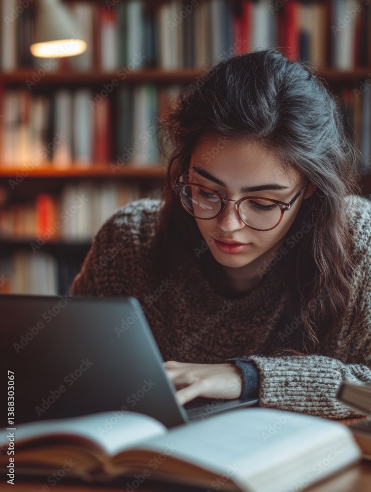 Aufkleber student engaged in online course studies with focused concentration while surrounded by books and no
