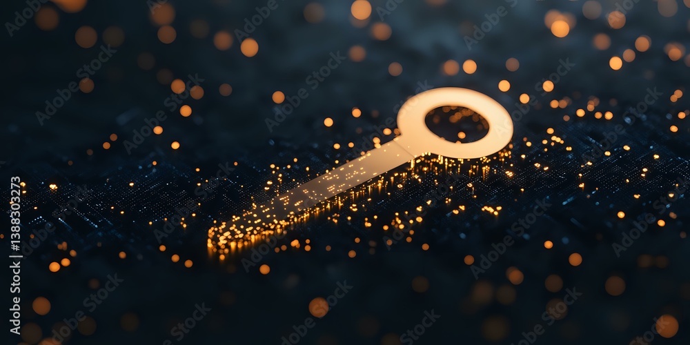 Poster golden key dissolving into sparkling particles against dark background with bokeh lights, symbolizin