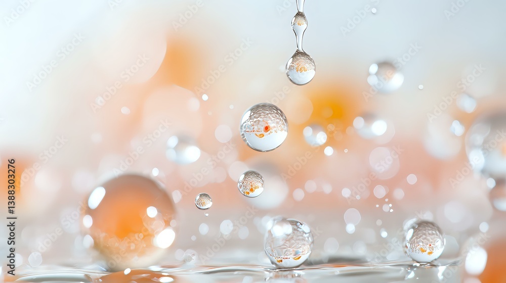 Poster transparent water drops with orange bokeh background creating magical macro photography effect. pure