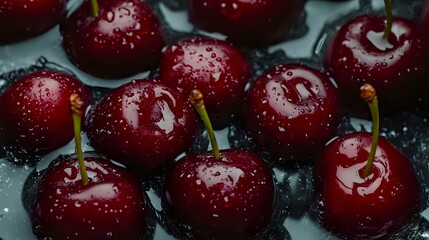 Fresh ripe red cherries with water drops on dark background, macro shot showing juicy texture and natural shine. Food photography for healthy eating.