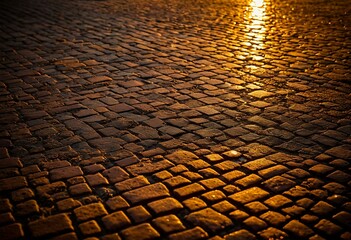 A cobblestone street at night with the sun setting behind it.
