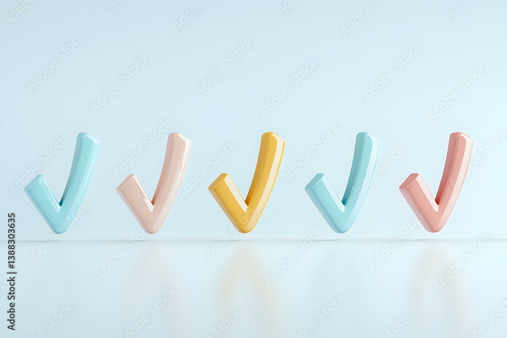 Poster colorful checkmark symbols in pastel blue, pink and yellow arranged in row on light background with 