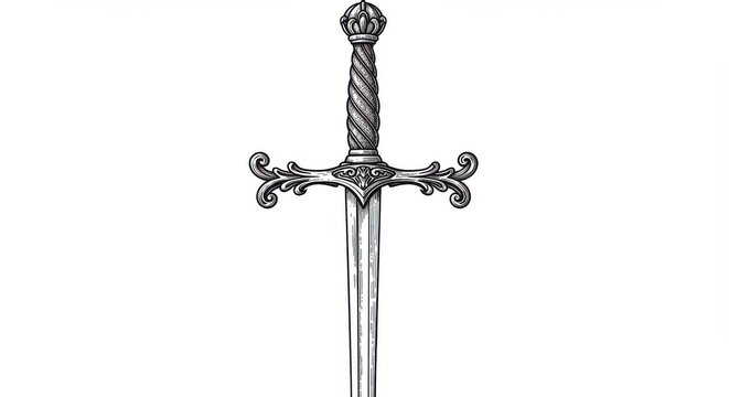A detailed drawing of a sword with an ornate hilt and a sharp blade on a white background space filler