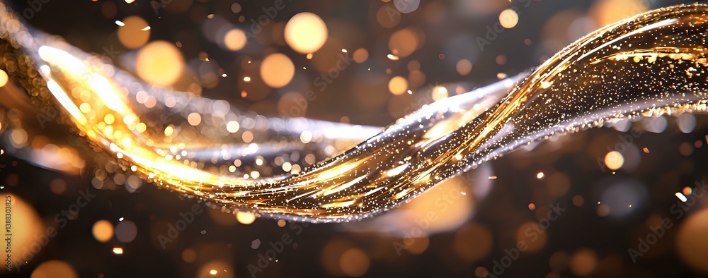 Poster magical golden light wave with sparkling particles and bokeh effects flowing on dark background, cre
