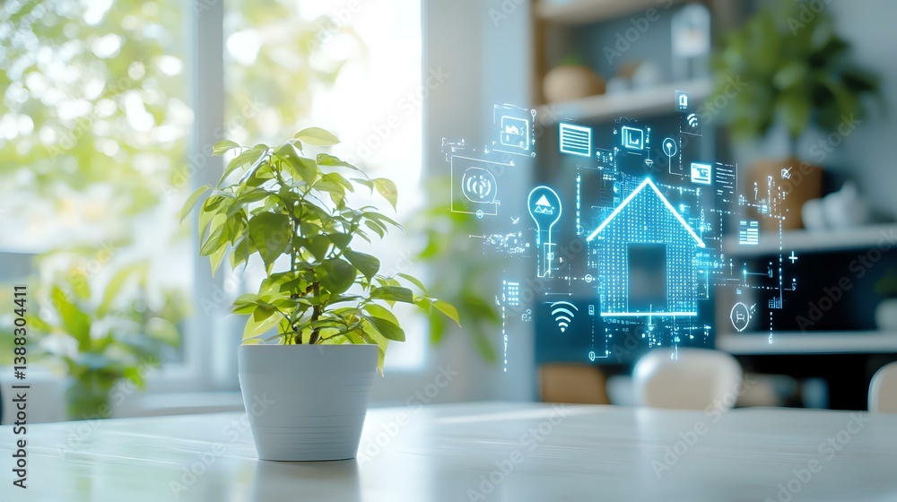 Poster smart home hologram with connected iot devices and wireless technology icons floating above desk wit