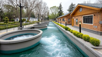 Aeration tank with bubbling surface water, biological treatment process showing activated sludge movement in open-air facility