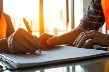 Worker completing accident report after injury at construction site during evening hours