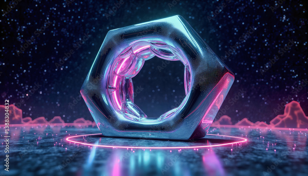 Poster trendy neo futurism 2025 ai design rendering: a futuristic, hexagonal structure glows with neon ligh