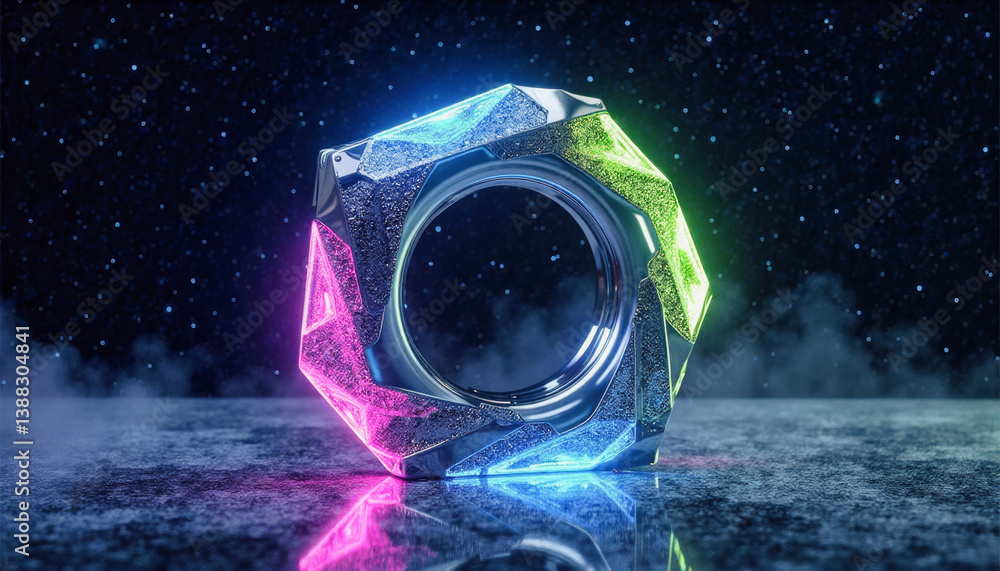 Poster trendy neo futurism 2025 ai design rendering: a futuristic, glowing hexagonal object with a central 