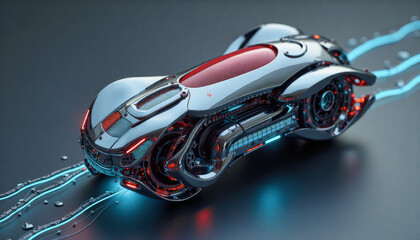 Fototapeta premium Trendy neo futurism 2025 ai design rendering: A futuristic, sleek motorcycle with glowing red and blue accents hovers slightly above a dark surface, showcasing a complex internal mechanical design.