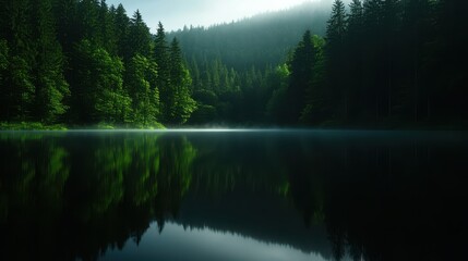 Obraz premium This tranquil image captures a lush forest reflected on still water, creating a serene and peaceful atmosphere that highlights the beauty and calmness of nature.