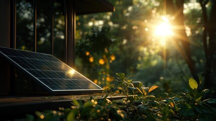 A close-up view of a solar panel reflecting sunlight amidst lush greenery, symbolizing sustainability and the harmony between technology and nature.