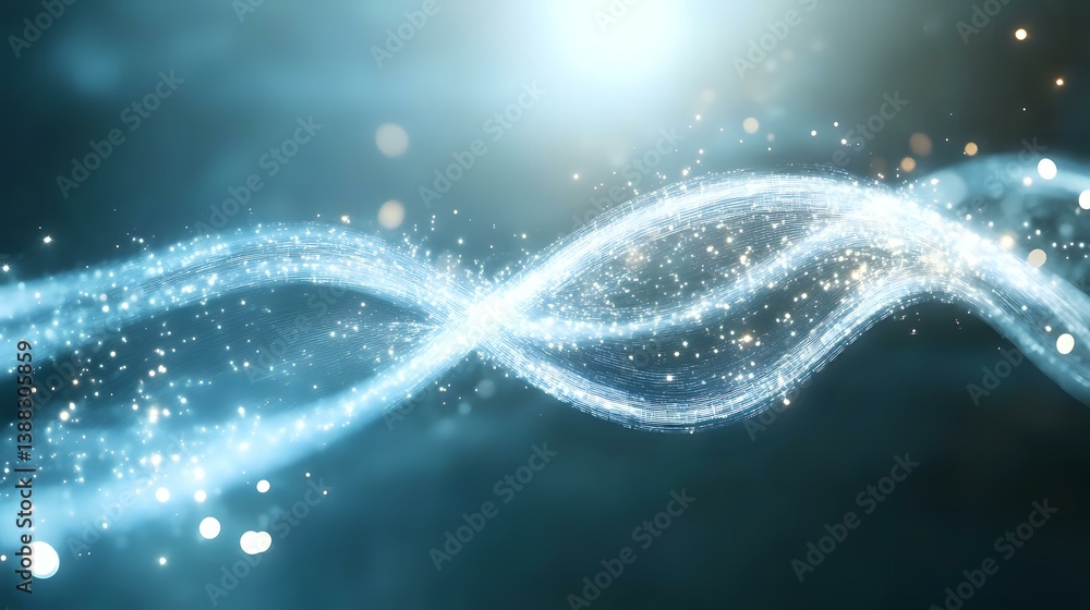 Aufkleber glowing light waves with sparkles and bokeh effects on dark turquoise background, abstract flowing e