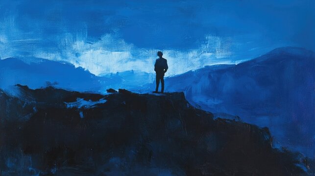 Silhouette of a Figure Standing Against a Deep Blue Landscape Evoking Feelings of Solitude and Contemplation Amidst a Dramatic Sky