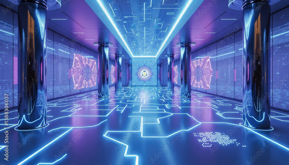 Poster trendy neo futurism 2025 ai design rendering: a futuristic hallway glows with neon blue and purple l