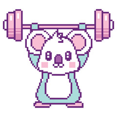 Pixel Art Koala Lifting Barbell, Cute Animal Character with Transparent Background